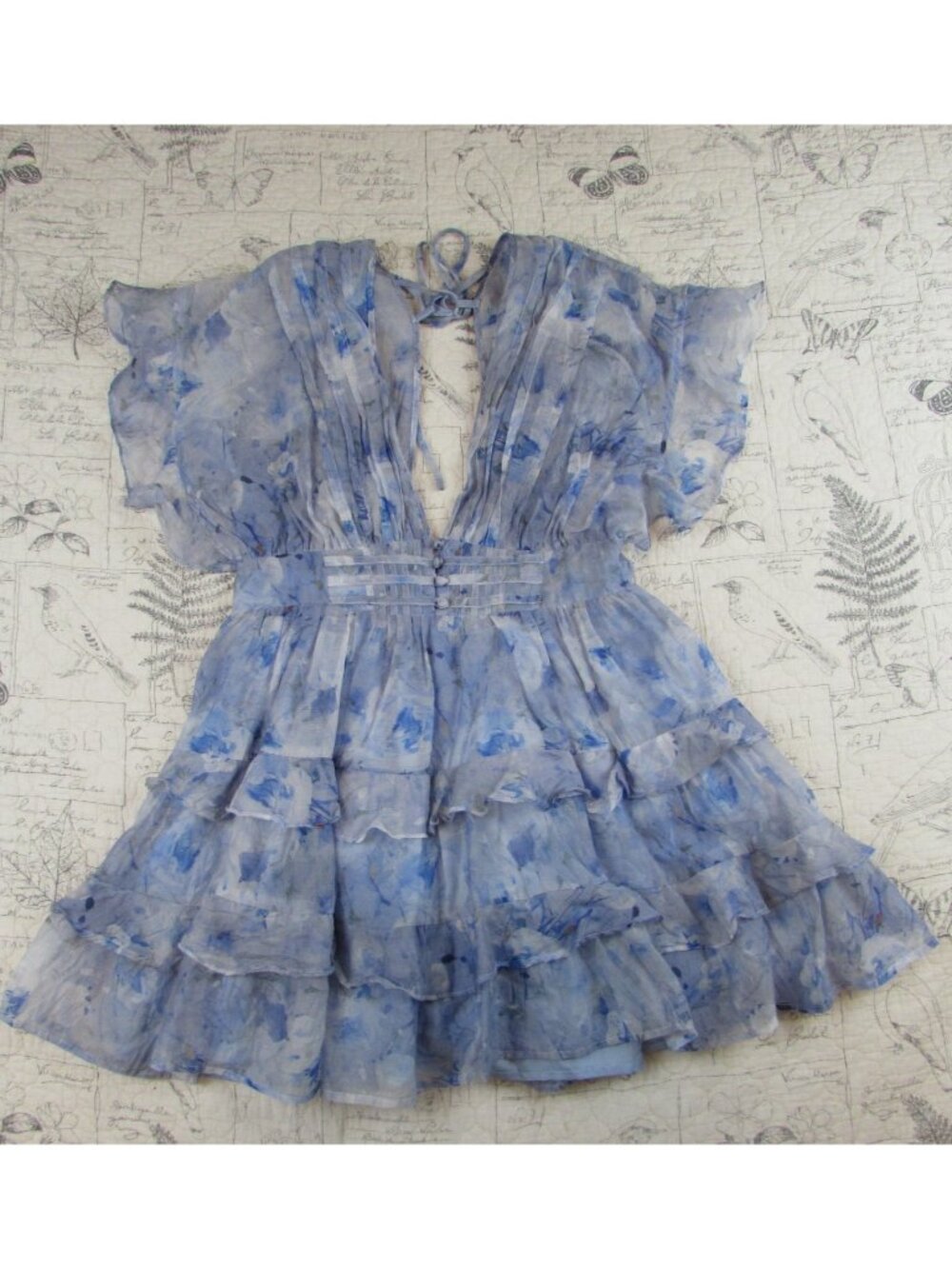 EUC Storia babydoll deep v ruffle mini dress Boho romantic feminine coquette L